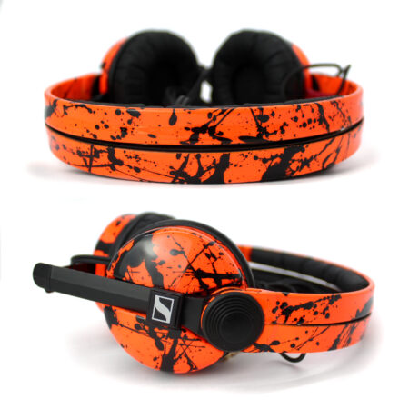 Custom Cans UV Orange Black Splatter Sennheiser HD25 Headphones