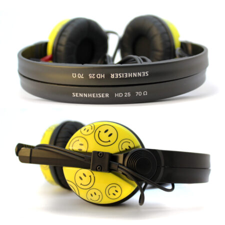 Custom Cans Sennheiser HD25 with Yellow Acid Smiley Cups Ready to Ship
