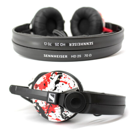 Custom Cans Sennheiser HD25 DJ Headphones with White, Red and Black Splatter Ear Cups